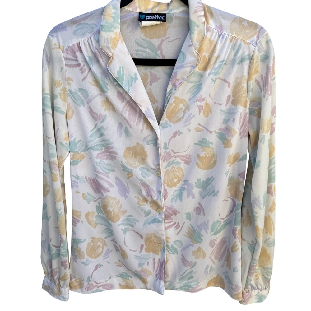 Panther Vintage 70s 80s Pastel Floral Button Down Blouse‎ Long Sleeve White L